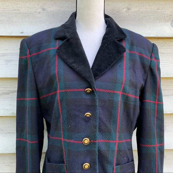 Vintage 80s Green Plaid Collared Velour V-Neck Button Down Long Sleeve Blazer - Picture 7 of 16